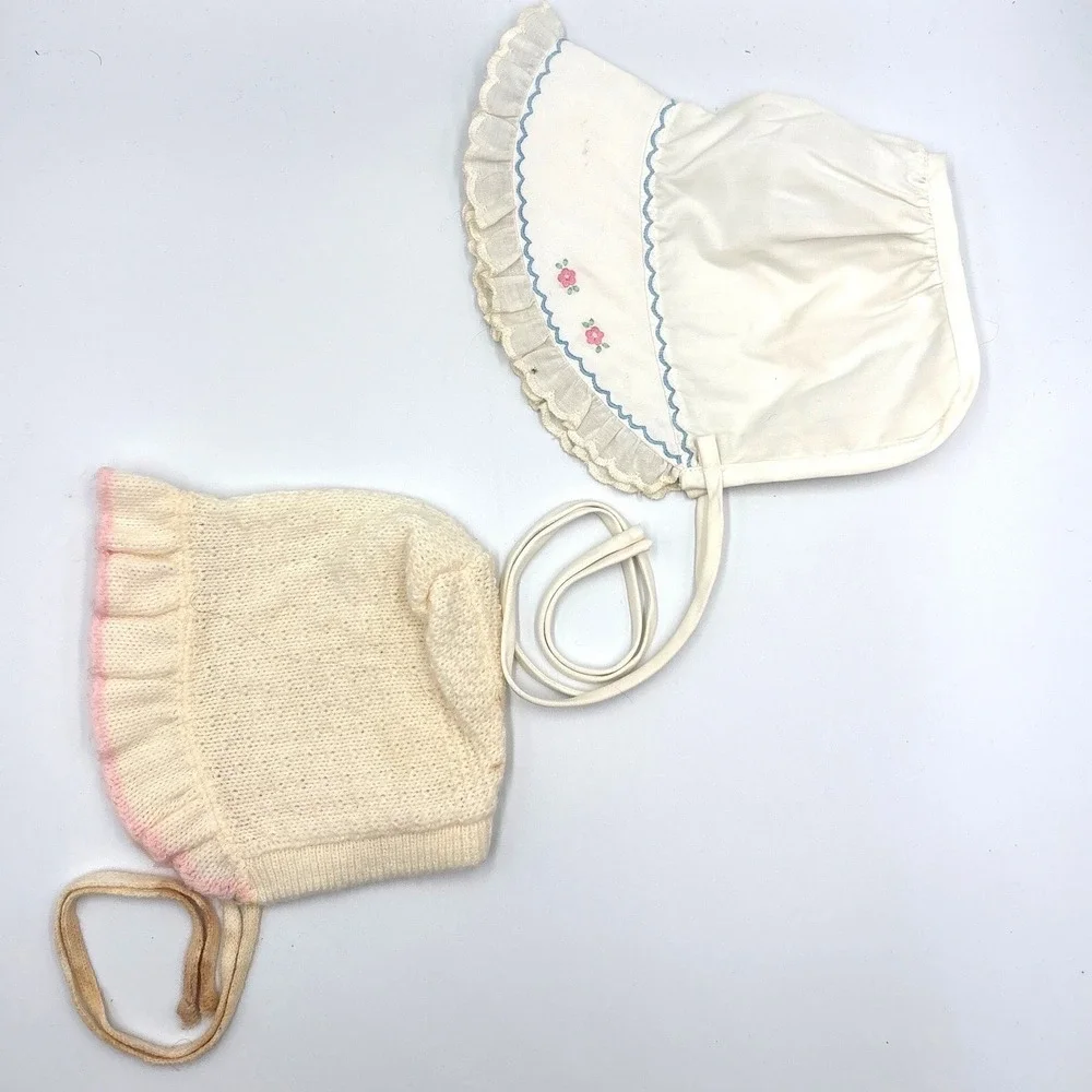 Vintage Baby Bonnet Set 6-9M Ivory Pink Blue Coquette Floral Knit Ruffle 2pc